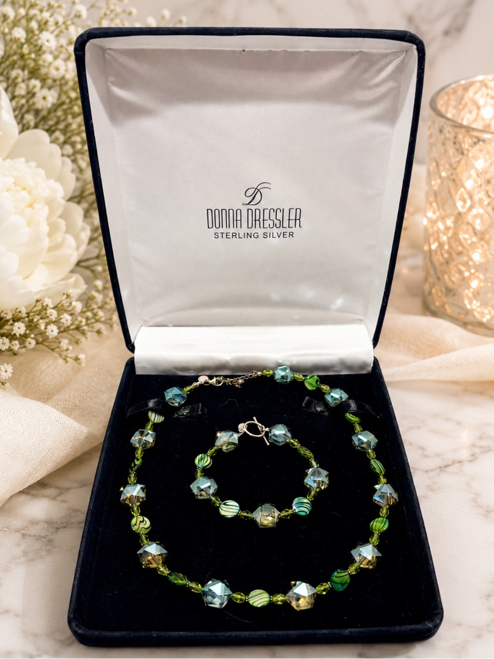 Sterling Silver Green Crystal Necklace & Bracelet Set